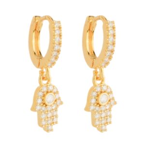Brinco Mãos de Fátima Ouro 24 k e Zircônia.